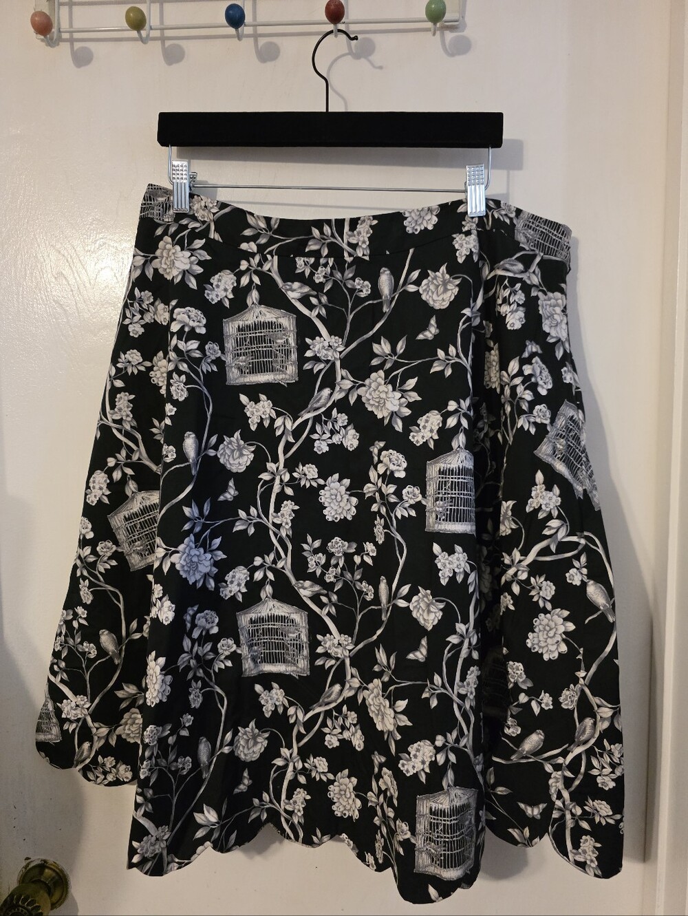 Black Floral Skirt with White Birdcage Print